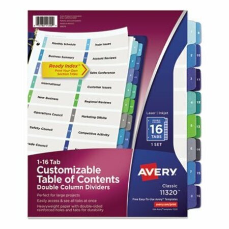 AVERY DENNISON Avery, CUSTOMIZABLE TOC READY INDEX DOUBLE COLUMN MULTICOLOR DIVIDERS, 16-TAB, LETTER 11320